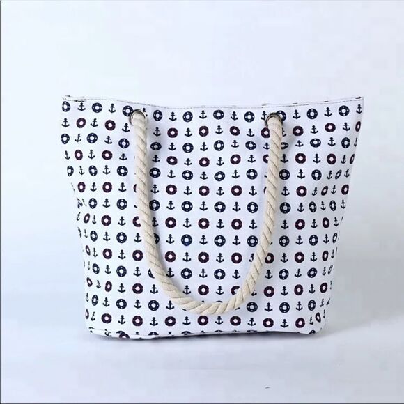 Large Capacity Cotton Zip Top Nautical Tote Beach Bag with Rope Straps - Picture 1 of 3